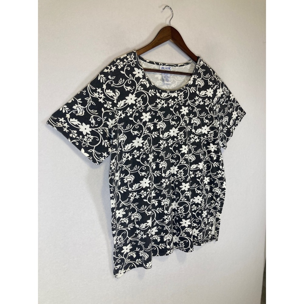 Cottagecore Blair Women XLG Black White Floral Vine Knit Short Sleeve Scoop Top - Picture 8 of 8